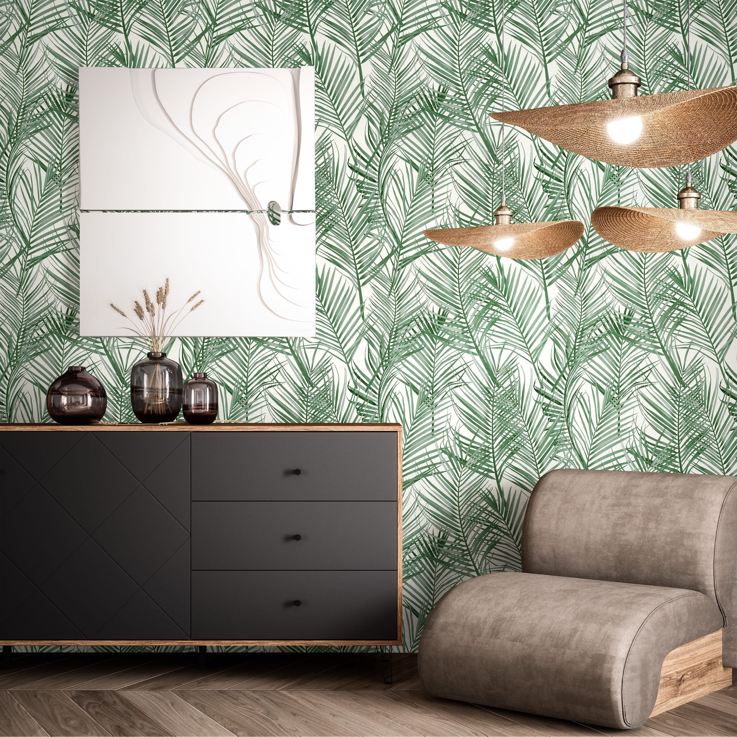Newroom Vliestapete, Grün Tapete Modern Dschungel - Mustertapete Blumentapete Weiß Tropisch Floral Palmen Blätter für Wohnzimmer Schlafzimmer Küche