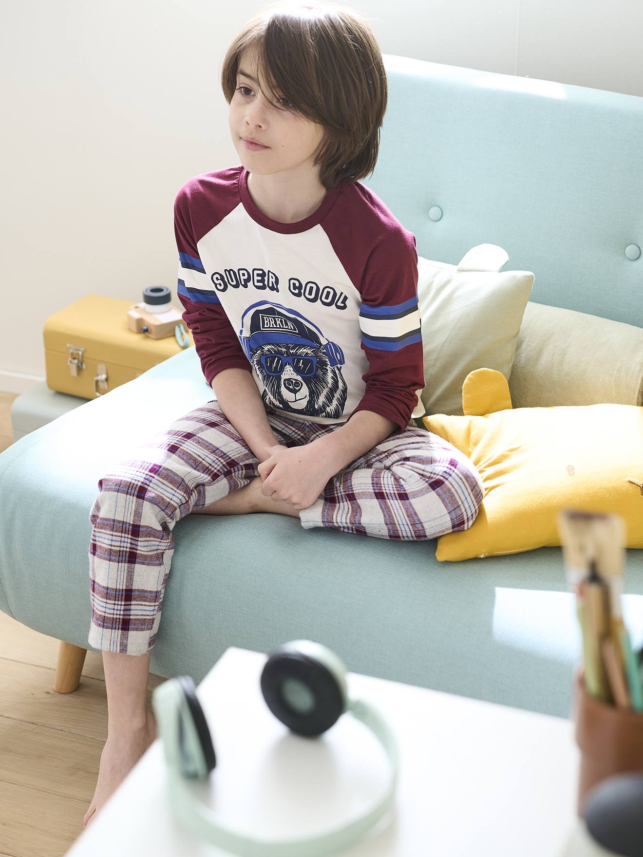 Pyjama super cool motif ours garçon bas en flanelle bordeaux