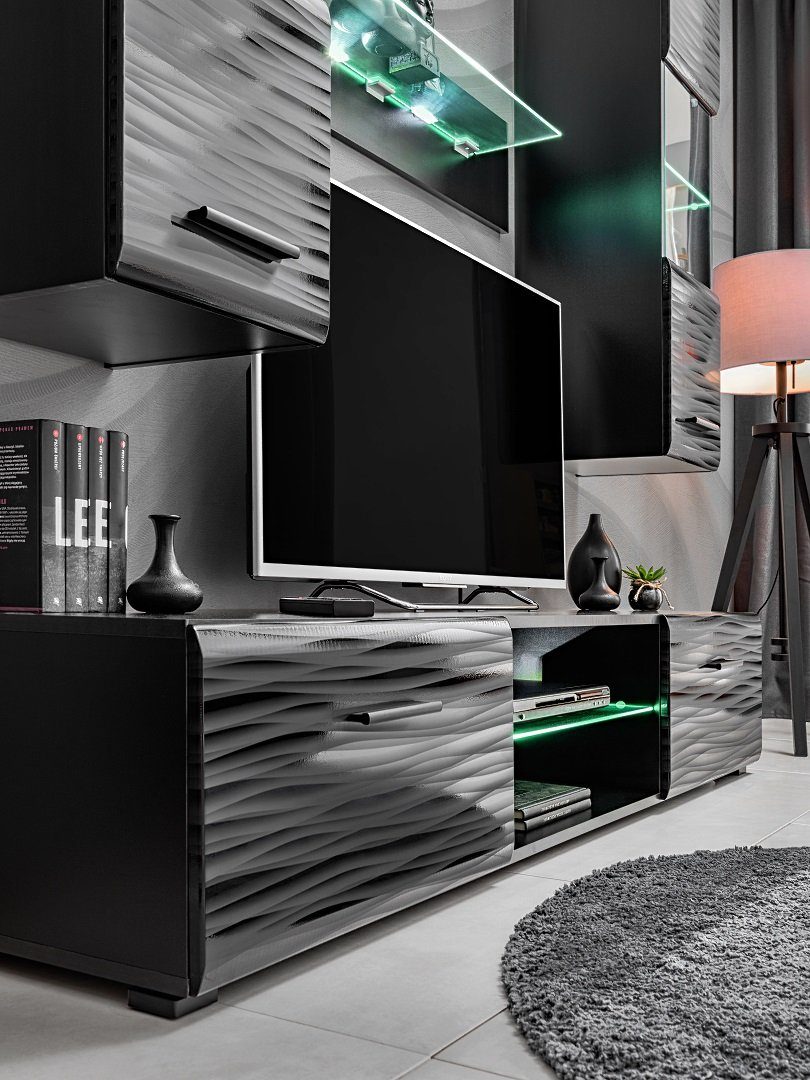 Stylefy Wohnwand Berta, (Wohnmöbel, Wohnzimmer-Set), 2×Hängevitrine, 1×Lowboard, 1×Wandregal, LED-Beleuchtung, Glaseinsatz