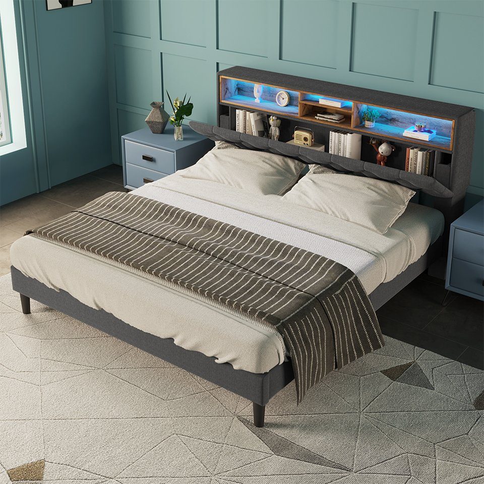 Ulife Polsterbett Doppelbett mit LED-Beleuchtung (Packung, 1 Bett), mit aufladen USB und LED-Beleuchtung Bettgestell