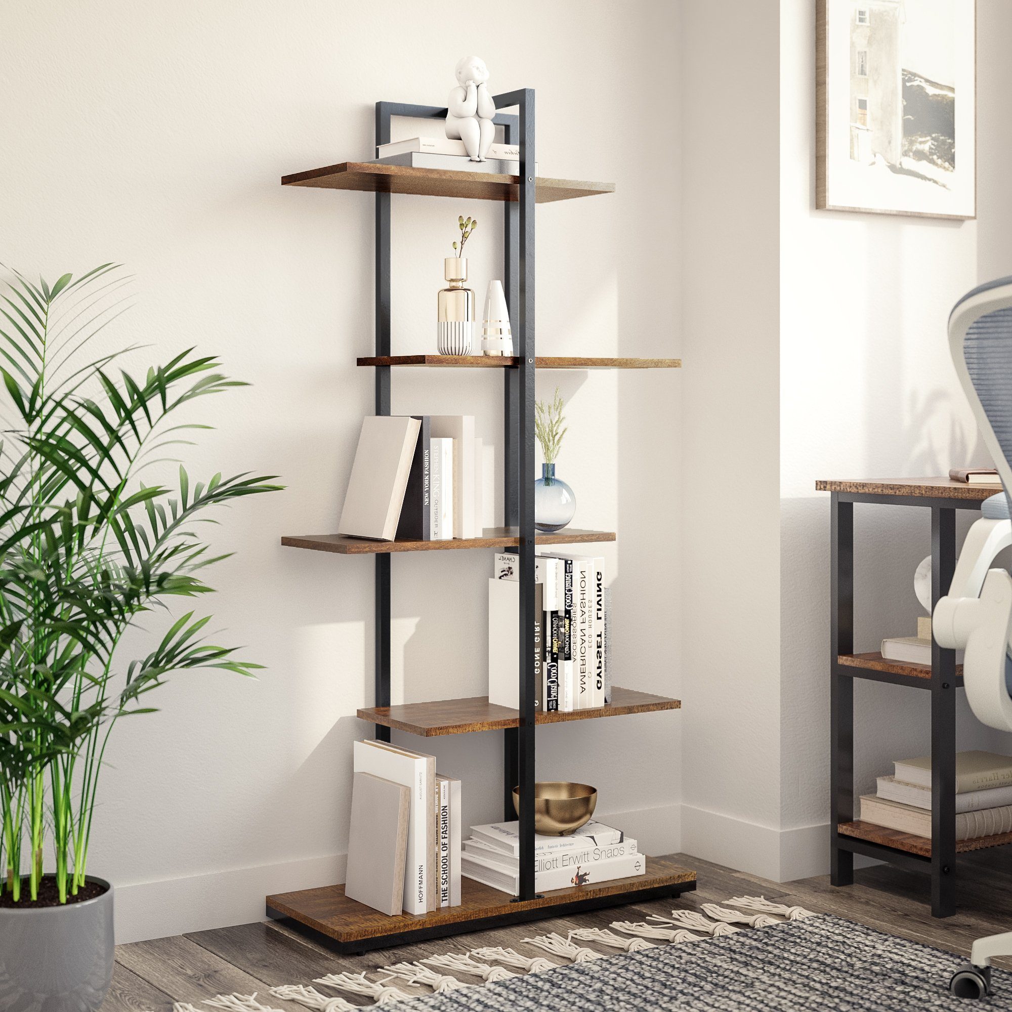 Mondeer Bücherregal Standregal, 5 lagiges asymmetrisches Split-Level Lagerregal, 74x28x144.5cm, Braun