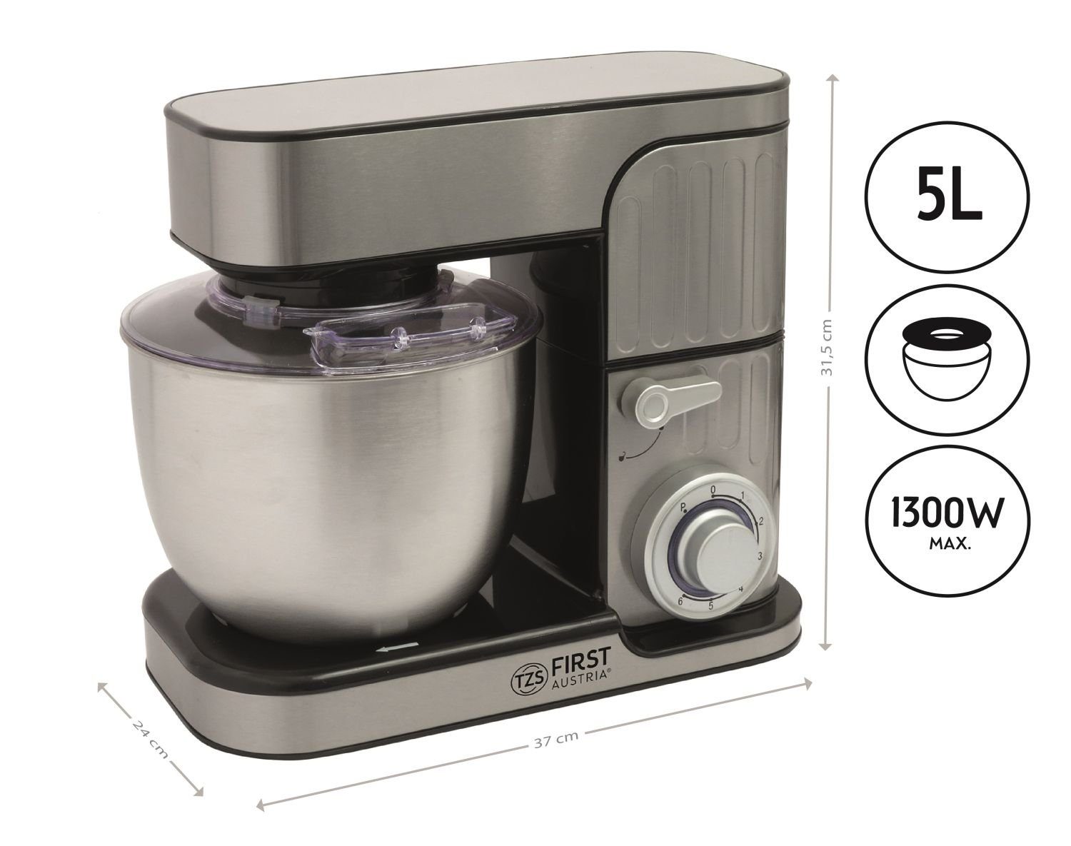TZS FIRST AUSTRIA Küchenmaschine Profi Küchenmaschine 1300 W, 5L Behälter, 6 Geschwindigkeiten, 1300 W, Knetmaschine, Küchenmaschine mit Knetfunktion, Standmixer, Edelstahl