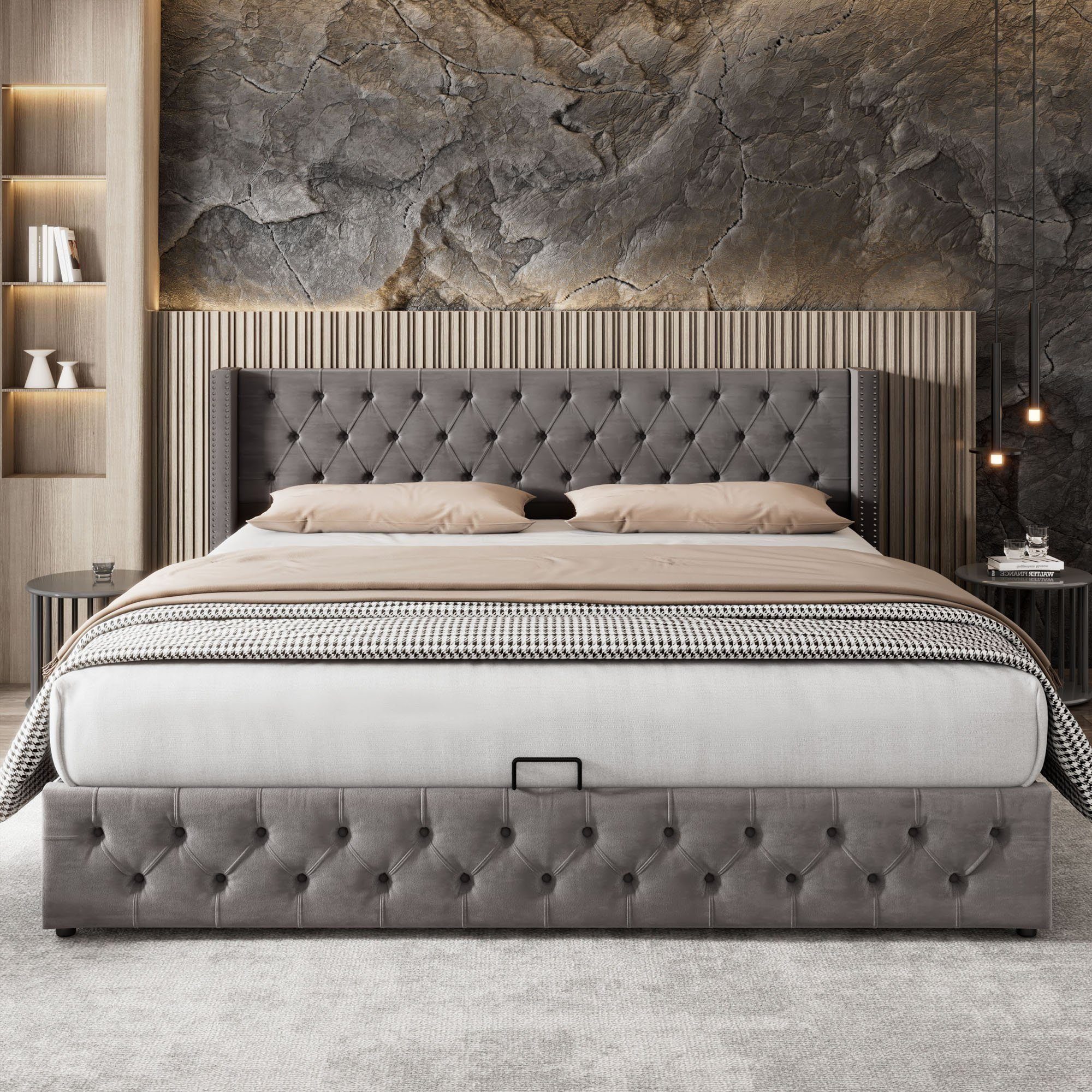 REDOM Polsterbett Doppelbett Stauraumbett (Ohrenform Doppelte Nietenreihe Flanell, Knopfnähte Kopf-und Fußende, Bettunterseite ist mit schmutzabweisenden schwarzen Vliesstoff, Grau), 140x200cm ohne Matratze