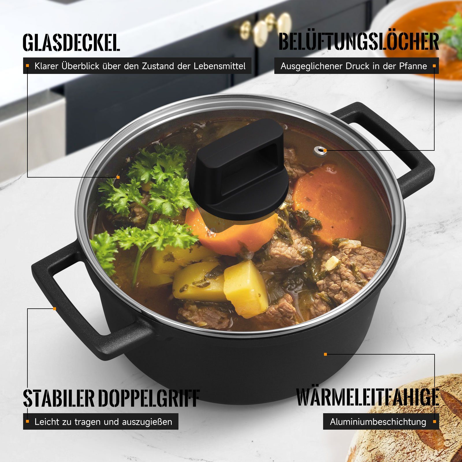 HOMELUX Suppentopf 20/24/28 cm Kochtopf Topf Suppentöpfe mit Glasdeckel, Aluminium (für alle Herdarten), Kochtopf Induktion