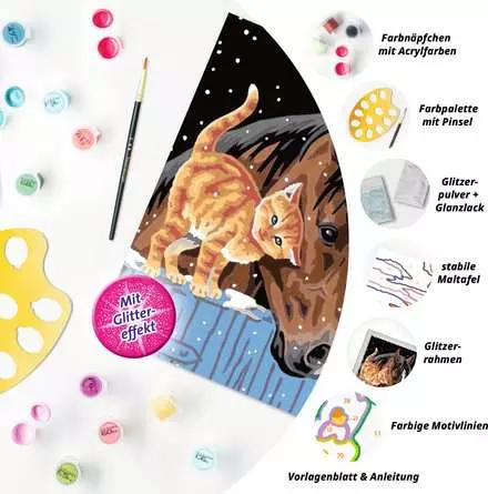 CreArt Fohlen mit Kätzchen - Malen nach Zahlen für Kinder ab 7 Jahren