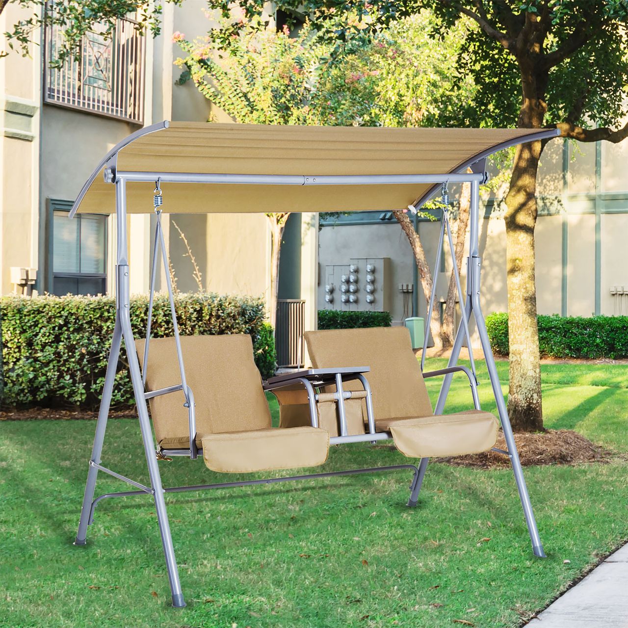 Outsunny Hollywoodschaukel Gartenschaukel 2-Sitzer mit Sonnendach Beige/Grau
