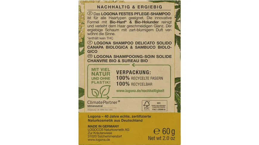 LOGONA Festes Pflege Shampoo Bio-Hanf & Bio-Holunder 60 g