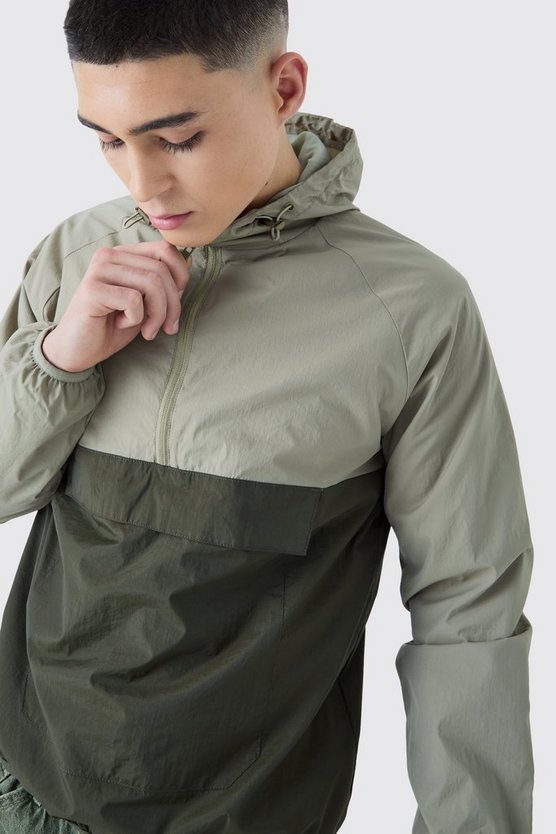 Colorblock Regenjacke mit Kapuze und halbem Reißverschluss