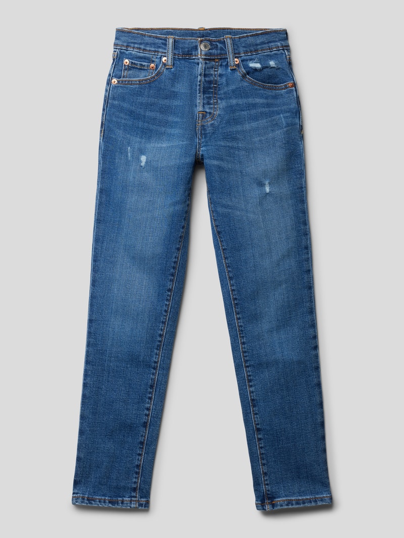 Jeans im Destroyed-Look mit Label-Detail in blau