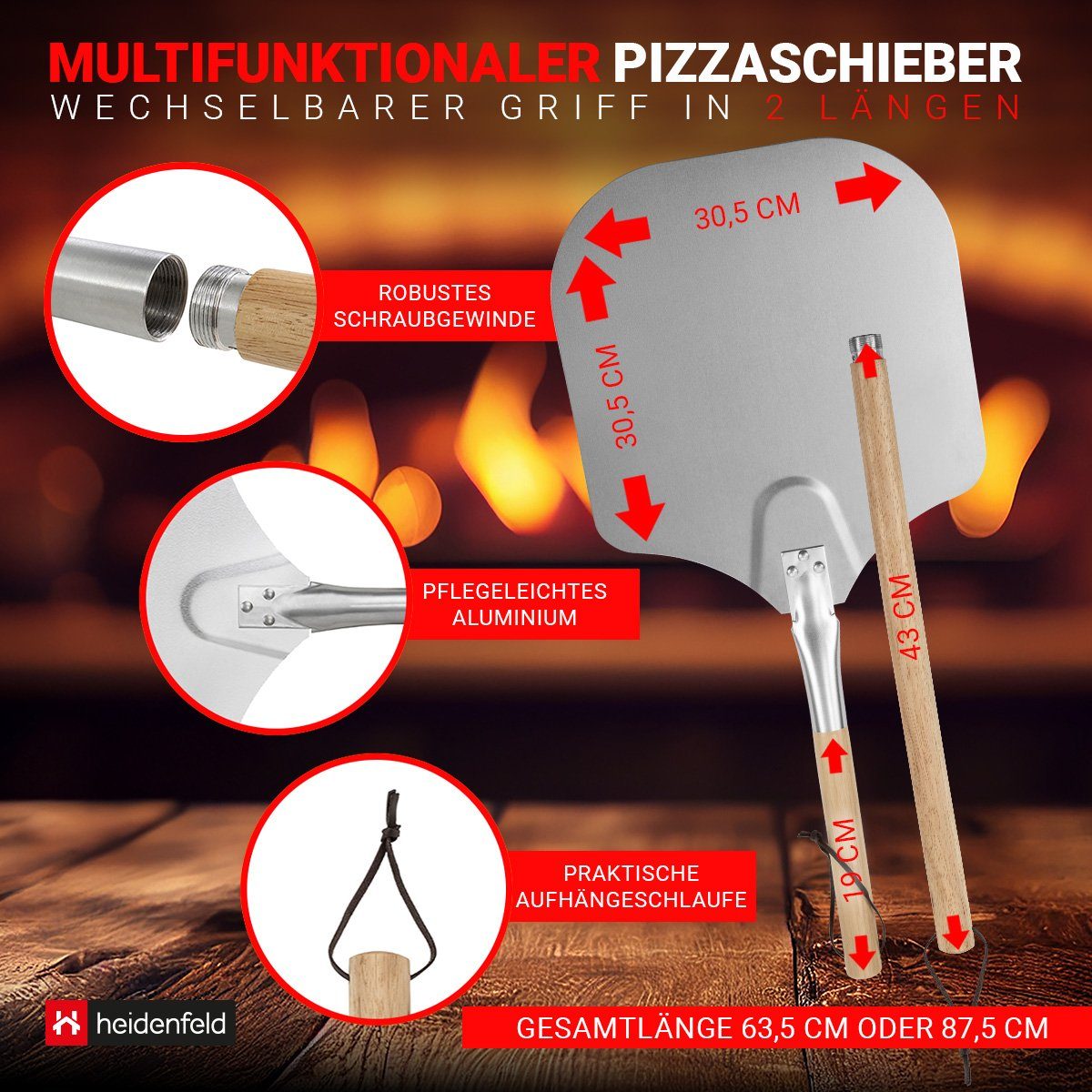 Heidenfeld Pizzastein für Backofen Pizza Set 5in1 bis zu 1000 °C inkl. Rezeptbuch, Pizzastein aus Cordierit, (Pizzaschieber rechteckig mit großer Fläche, Ofen Back Zubehör, 5-St., 