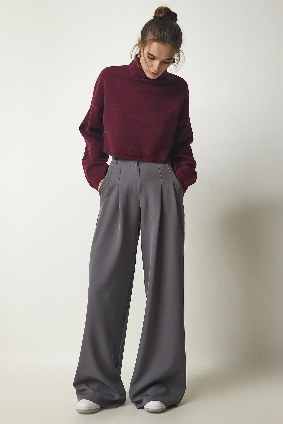 Happiness İstanbul  Graue plissierte Palazzo-Webhose für Damen FN03139