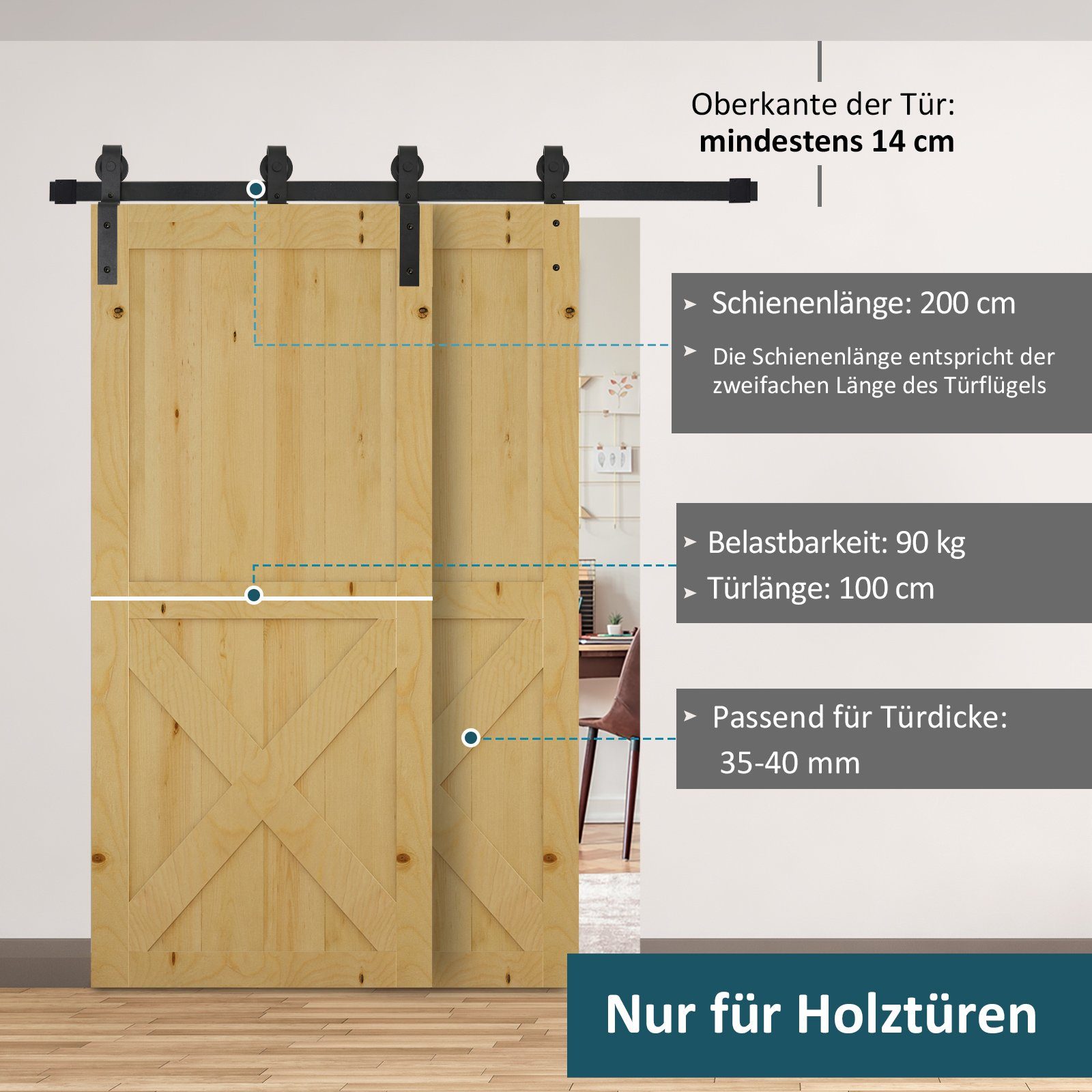 HOMCOM Türbeschlag Schiebetor (Set, 1 St., Schiebetürsystem), Laufschiene Schiebetürbeschlag Holzschiebetür 9 Zubehör Schwarz