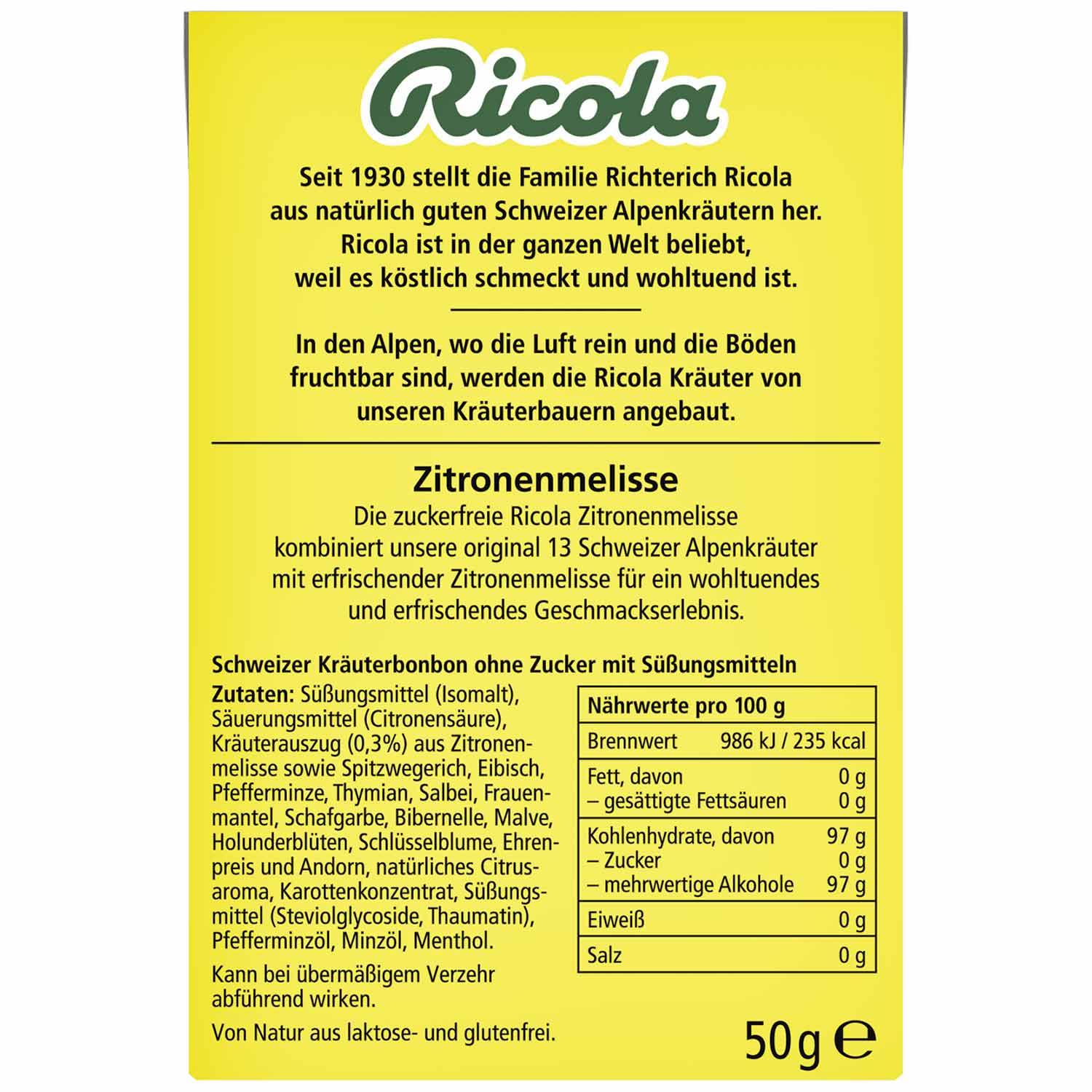 Ricola Zitronenmelisse ohne Zucker 50g