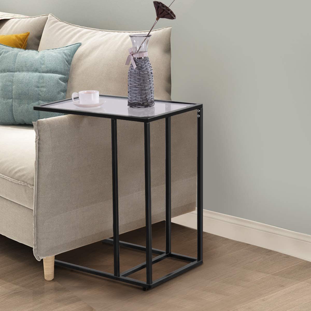COSTWAY Beistelltisch, Laptoptisch fürs Bett, aus Glas 55,5 x 35 x 65 cm