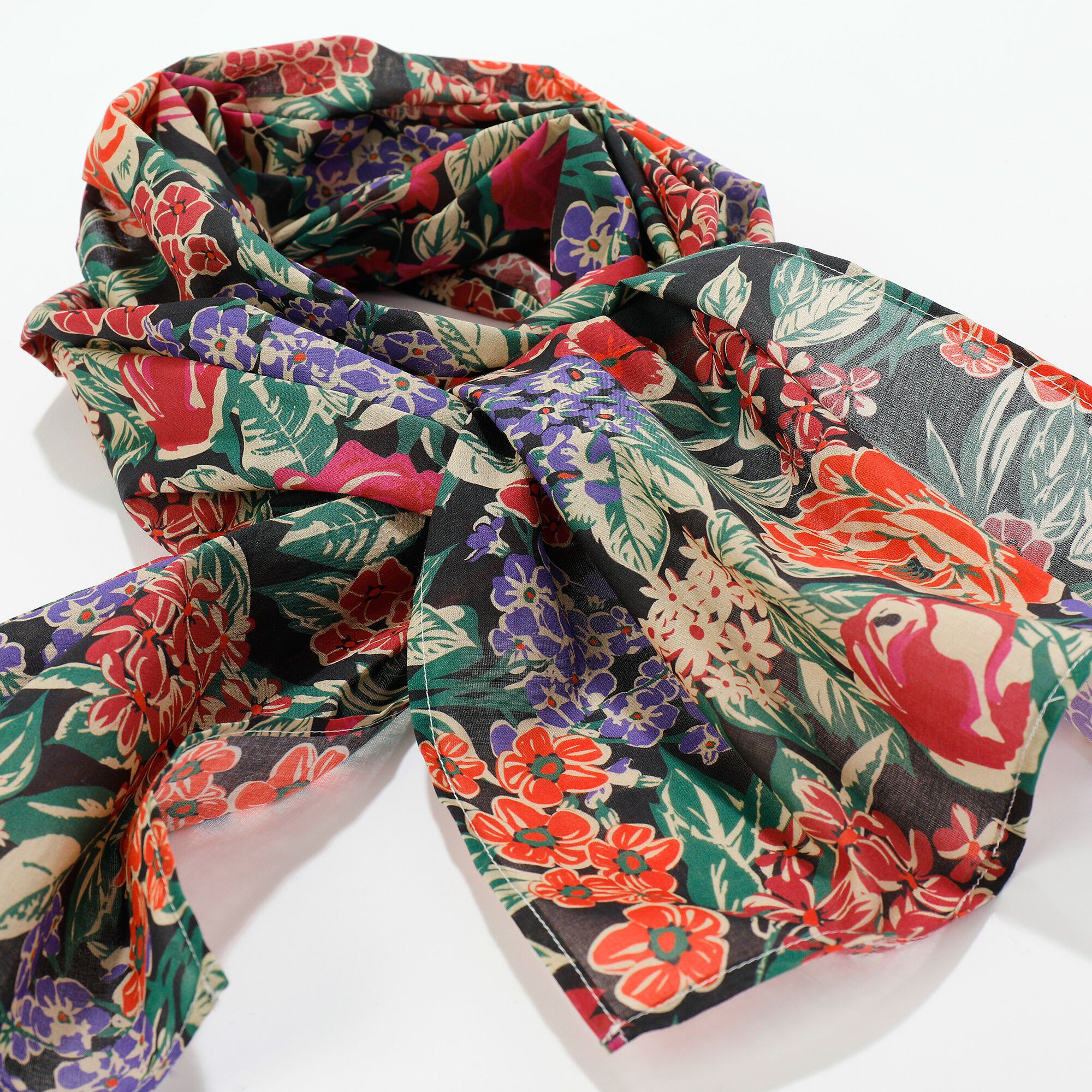 Foulard fabriqué en France imprimé grosses fleurs, 198x38 cm