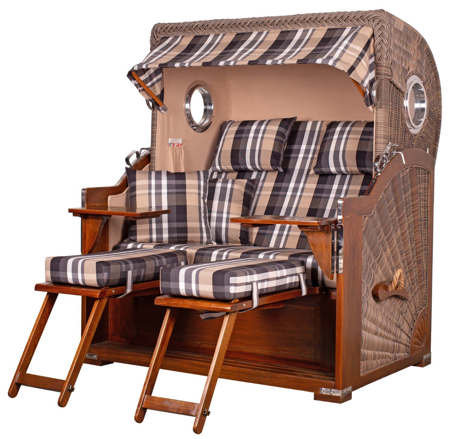bene living Strandkorb Königssee 2,5-Sitzer Mahagoni, PE grau, Modell 583, BxTxH: 142x95x170 cm, Volllieger ca. 175 Grad, Ostsee-Strandkorb, inkl. Liftersystem und Bullaugen