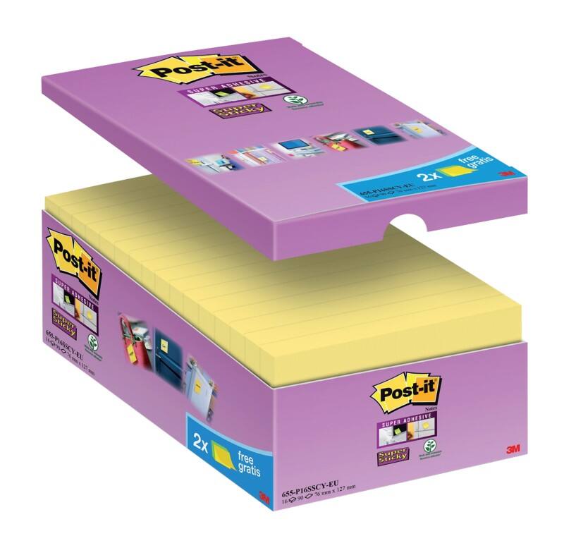 Post-it Super Sticky Notes Haftnotizen 127 x 76 mm Gelb 90 Blatt Vorteilspack 14 Blöcke   2 GRATIS