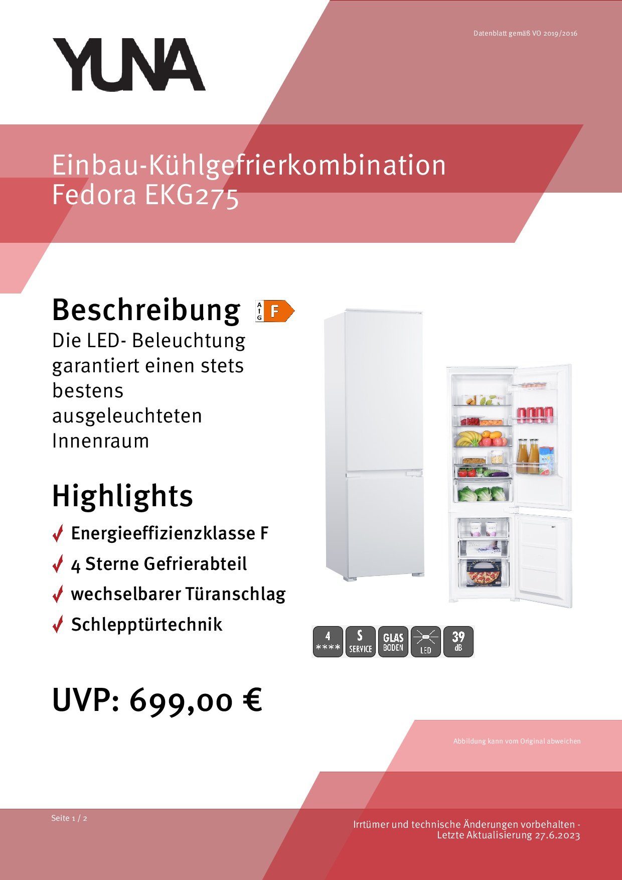 YUNA Einbaukühlgefrierkombination YUNA FEDORA