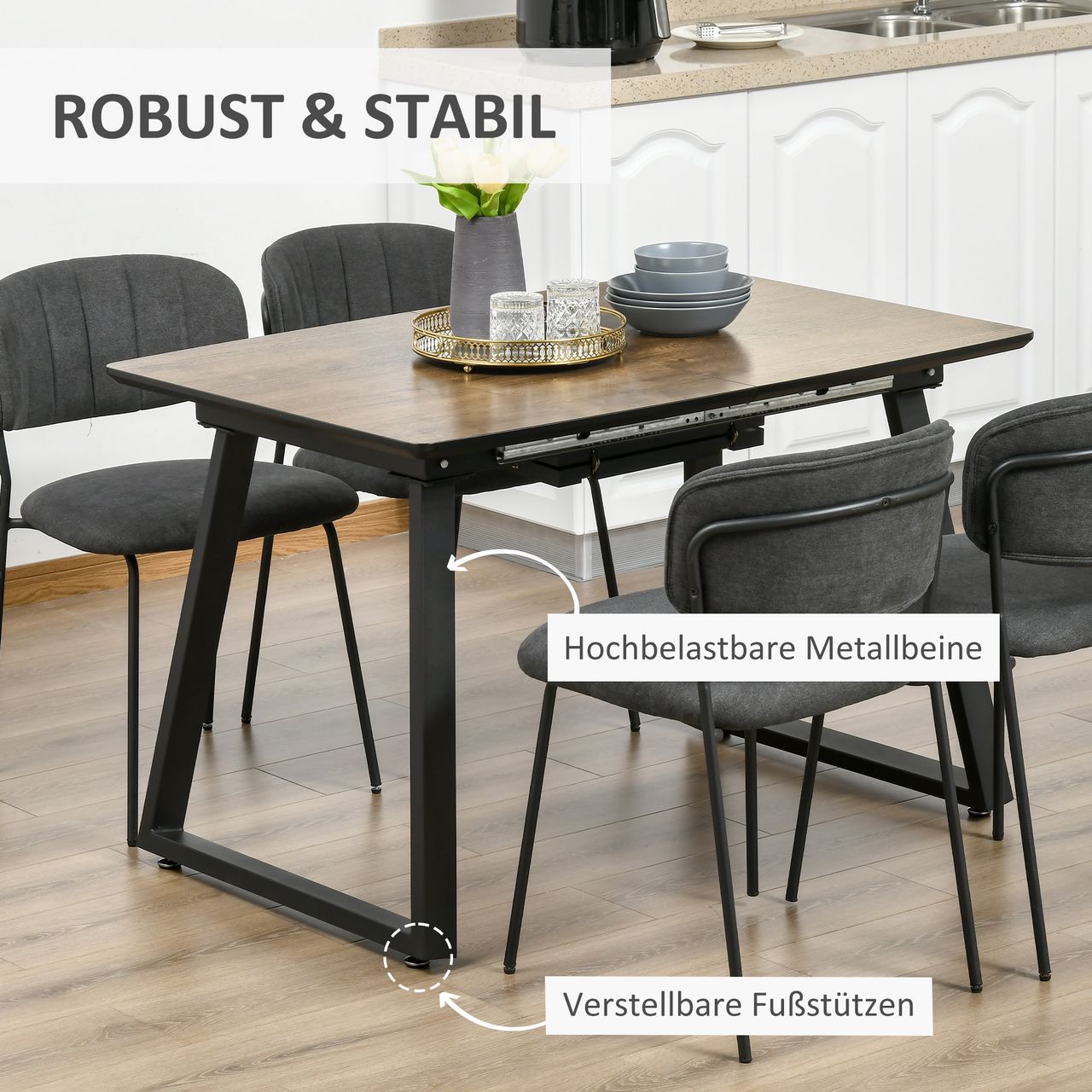 HOMCOM Esstisch mit ausziehbarer Tischplatte, Küchentisch in Holzoptik, Braun