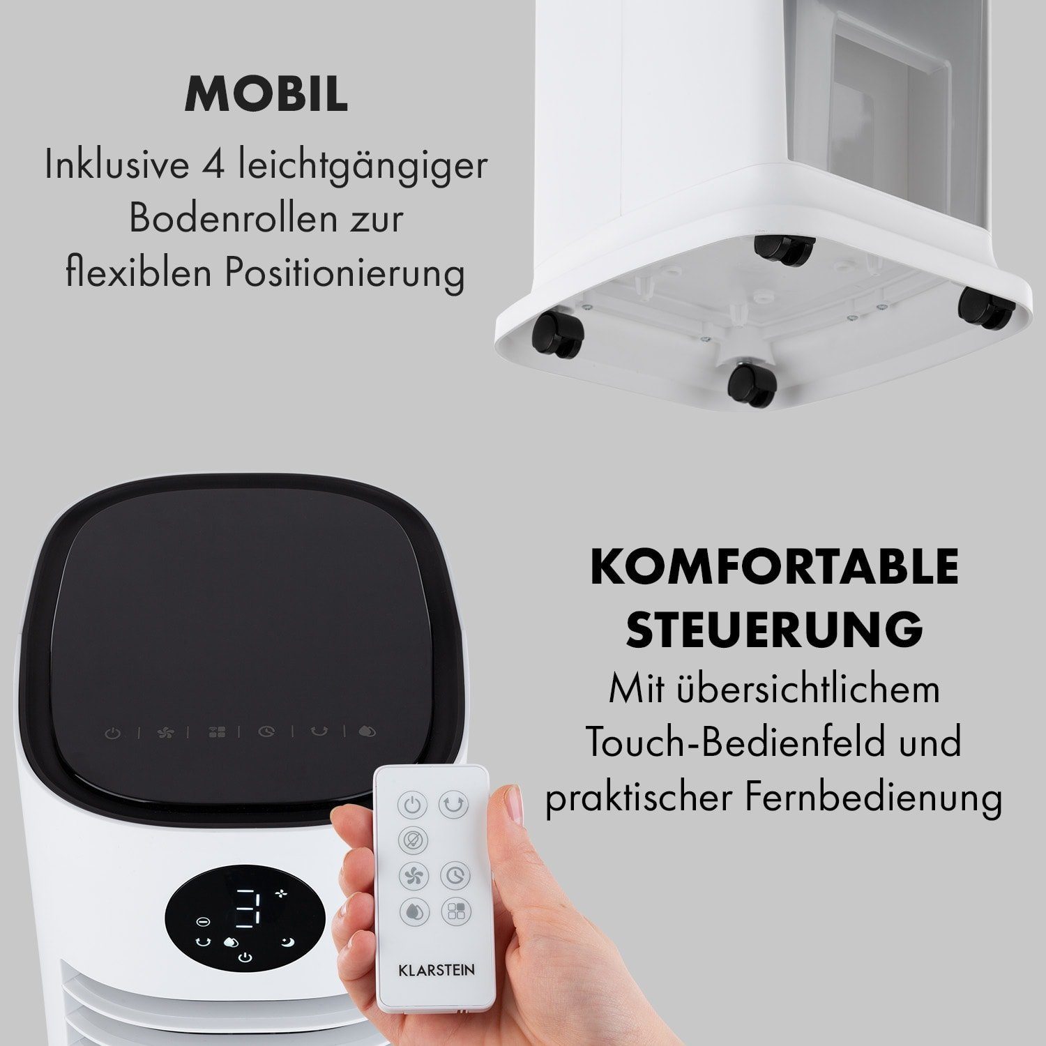 Klarstein Ventilatorkombigerät Skytower Grand Smart Luftkühler, mit Wasserkühlung & Eis mobil Klimagerät ohne Abluftschlauch