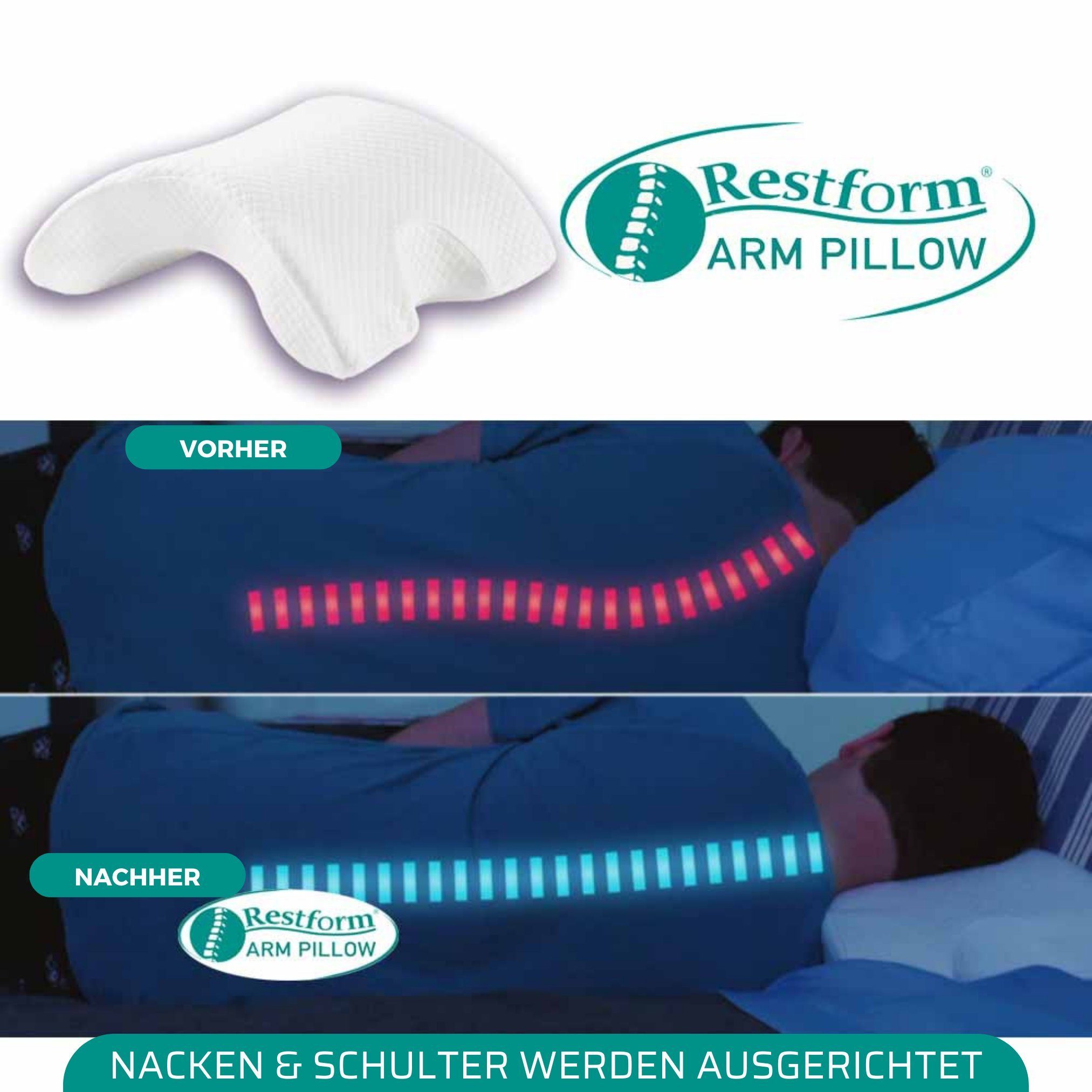 Nackenstützkissen Arm Pillow - Memory Foam Kissen, Arm Kissen, Restform®, Füllung: 100 % Polyester, Bezug: waschbar, Seitenschläfer, Rückenschläfer, Bauchschläfer, Spar-Set, 1er oder 2er Pack, sensible Unterstützung für den Hals, Rücken, Knie und Hüf