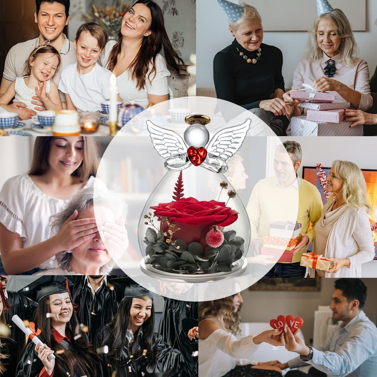 Kunstblume Ewige Rose Engel Geschenke, Forever Rose im Glas Engel Figur, AKKEE, Rosen Geschenke zum Muttertag, Valentinstag für Sie Mama Oma