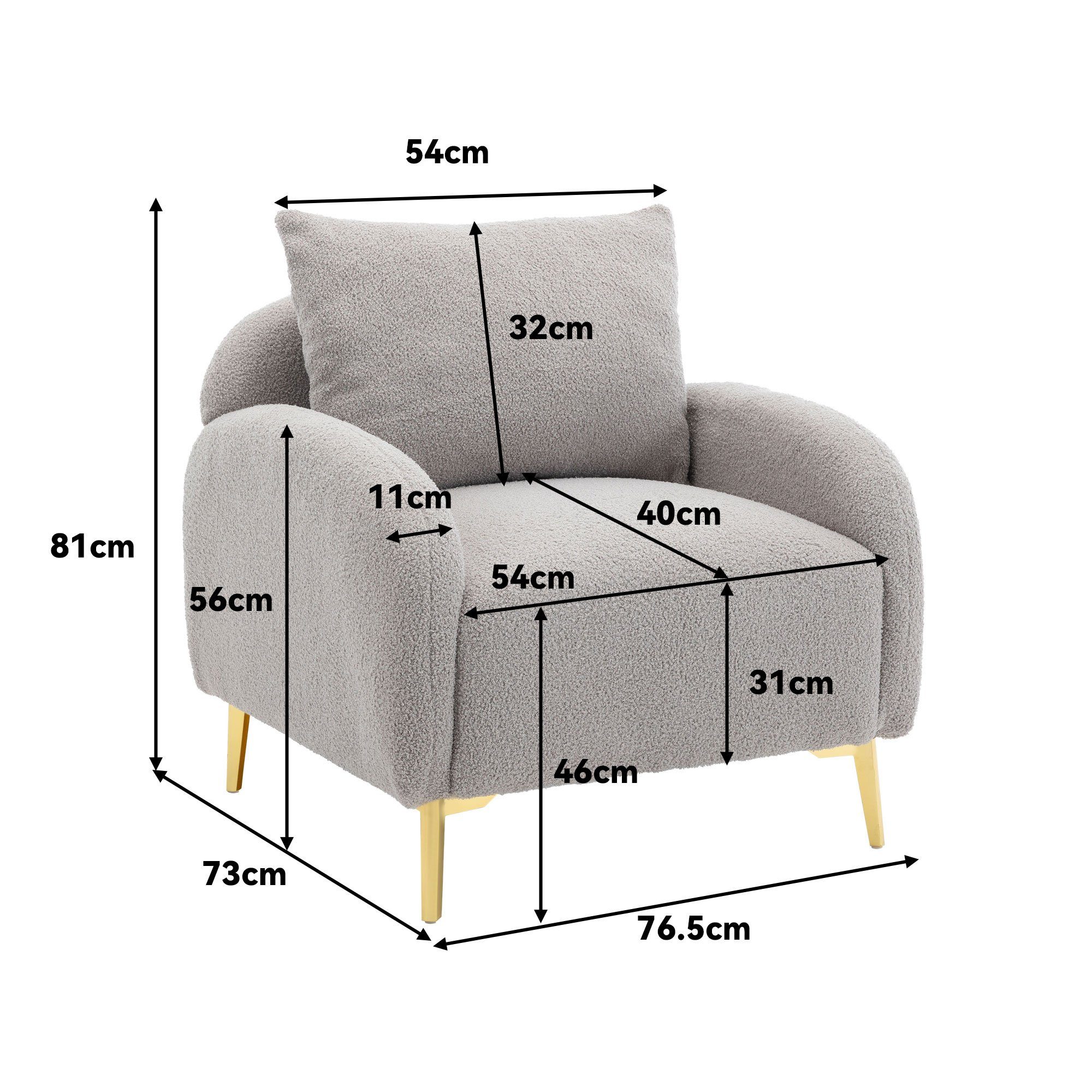 OKWISH Sessel Loungesessel Polstersessel Armlehnensessel Freizeitsessel Einzelsessel (Moderner und schlichter Teddy-Samtstuhl, mit Kissen, extra großer Einzelsessel mit breiter Sitzfläche), tiefer Sitzfläche, roségoldene Sofabeine