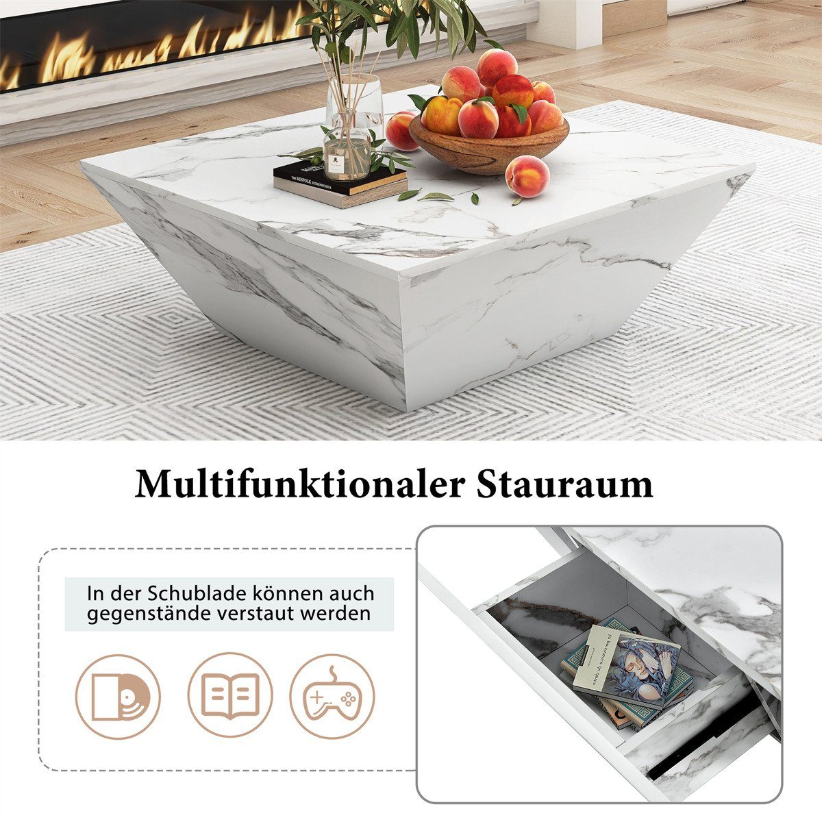 XDeer Couchtisch Moderner Trommel Couchtisch(weiß,70*70*37cm)Wohnzimmertisch, Trapezförmiger Kaffeetisch,Marmorfurnier Beistelltisch