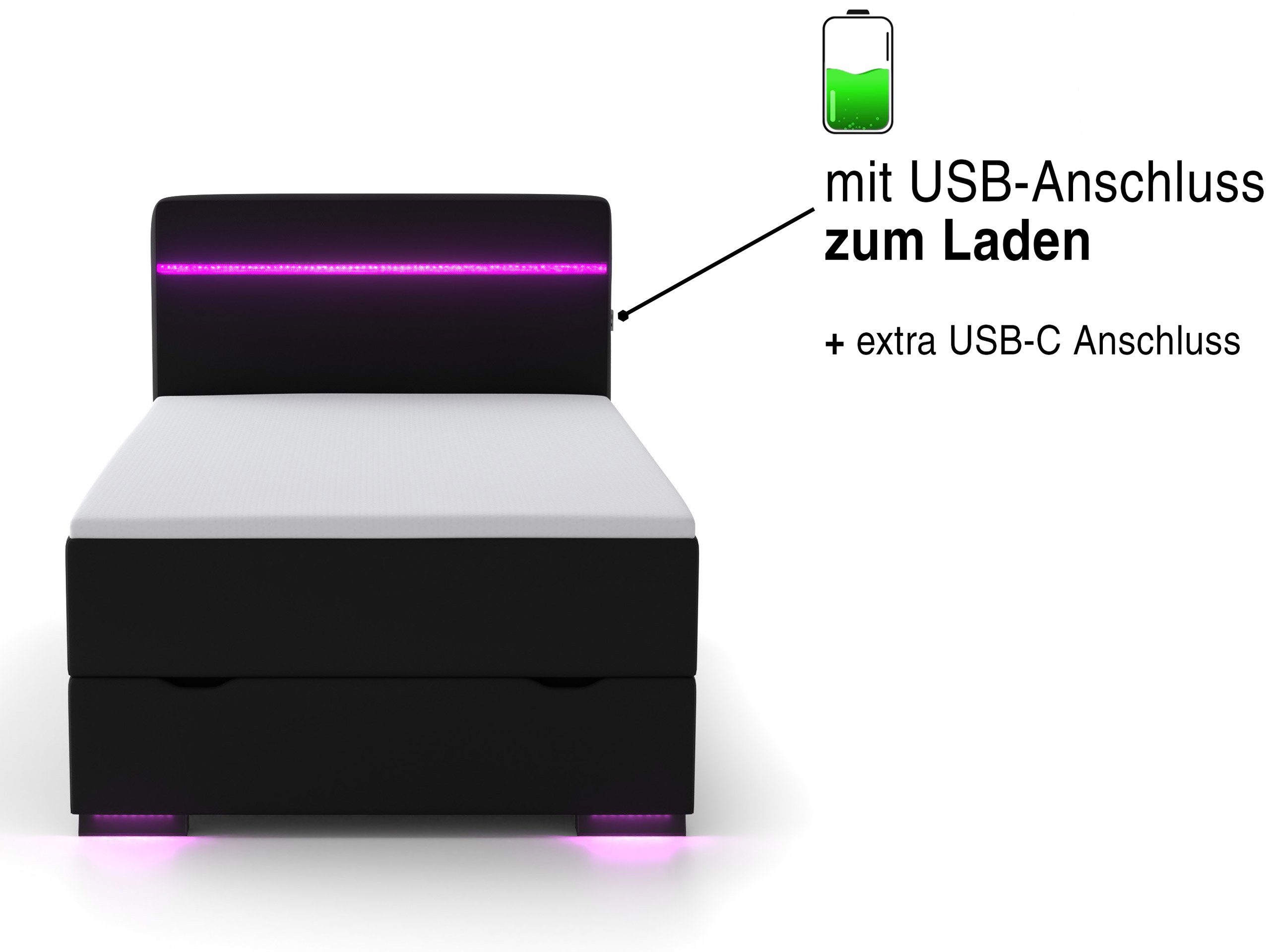 wonello Boxspringbett Ontario, mit Bettkasten, LED-Beleuchtung, 2x USB-Anschluss und Topper