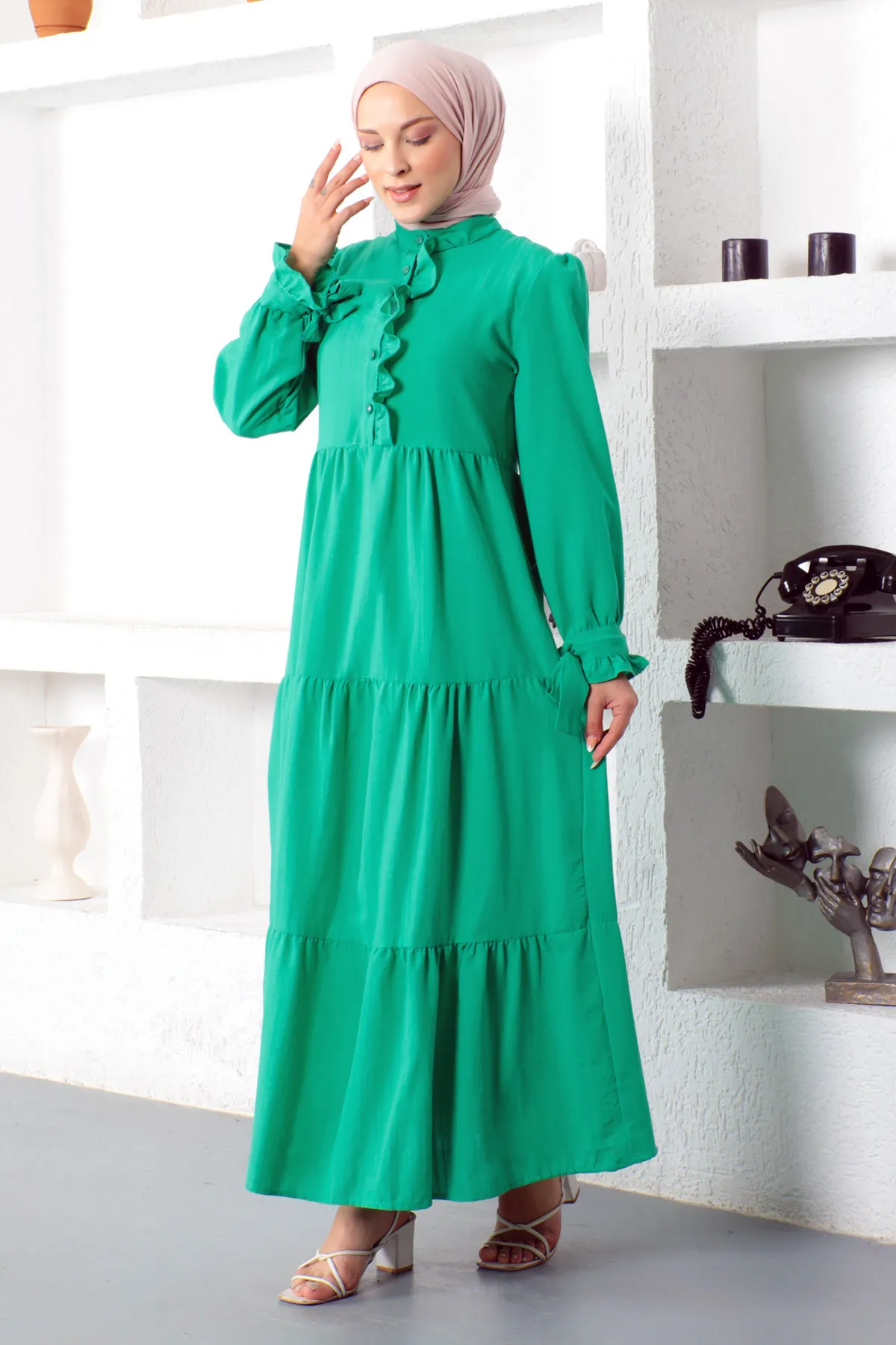 Tesettür Dünyası  Hijab-Kleid mit gebundenen Ärmeln Tsd221207 Grün