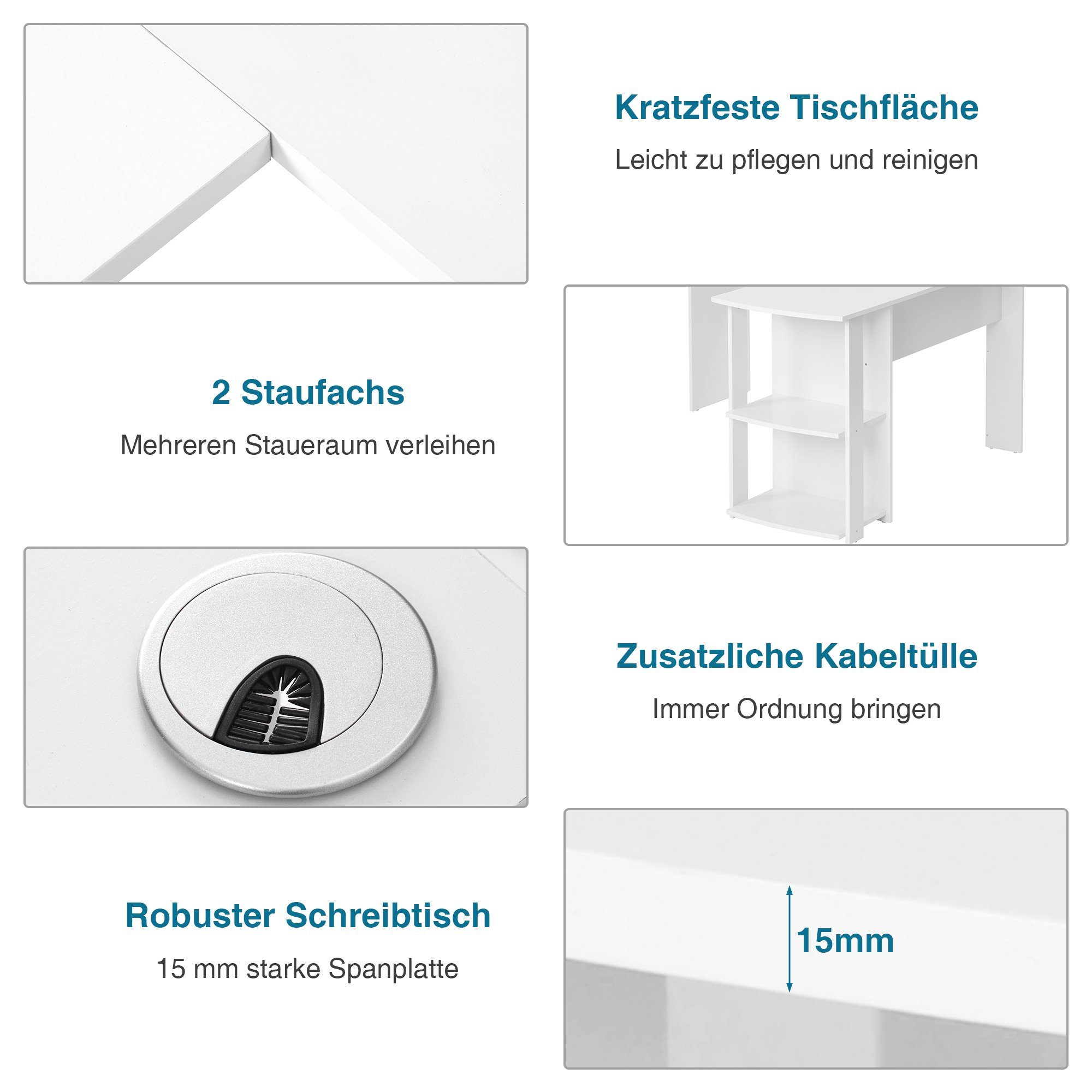HAUSS SPLOE Schreibtisch Eckschreibtisch L-Förmig Bürotisch Arbeitstisch (140cm mit 2 Ablagen), Computertisch L-förmiger Eckschreibtisch, Weiß