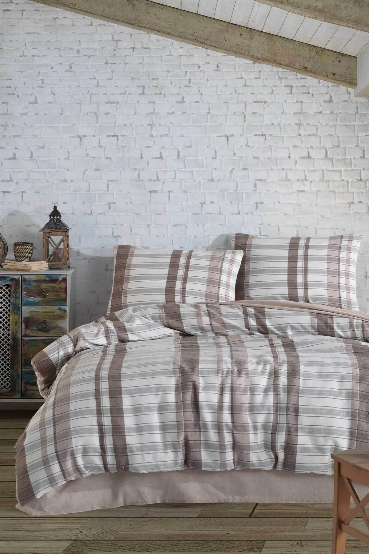 Elart  Bettbezug-Set für Doppelbett, Winter, Baumwolle, 4-teilig, Flanell, kariert, Braun