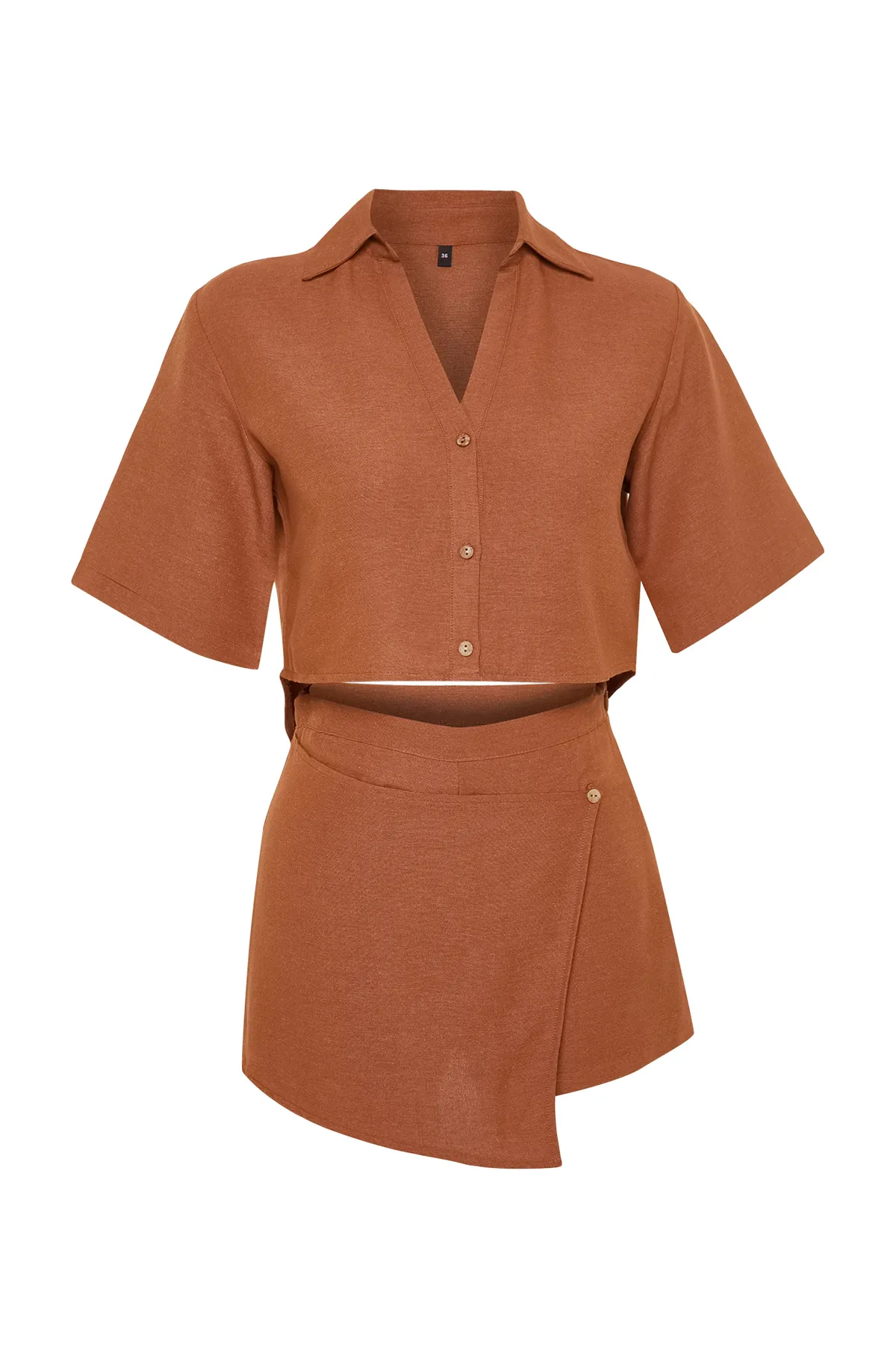 Trendyol Collection  Braunes Hemd-Shorts-Set aus gewebtem Leinengemisch TBESS24AU00019
