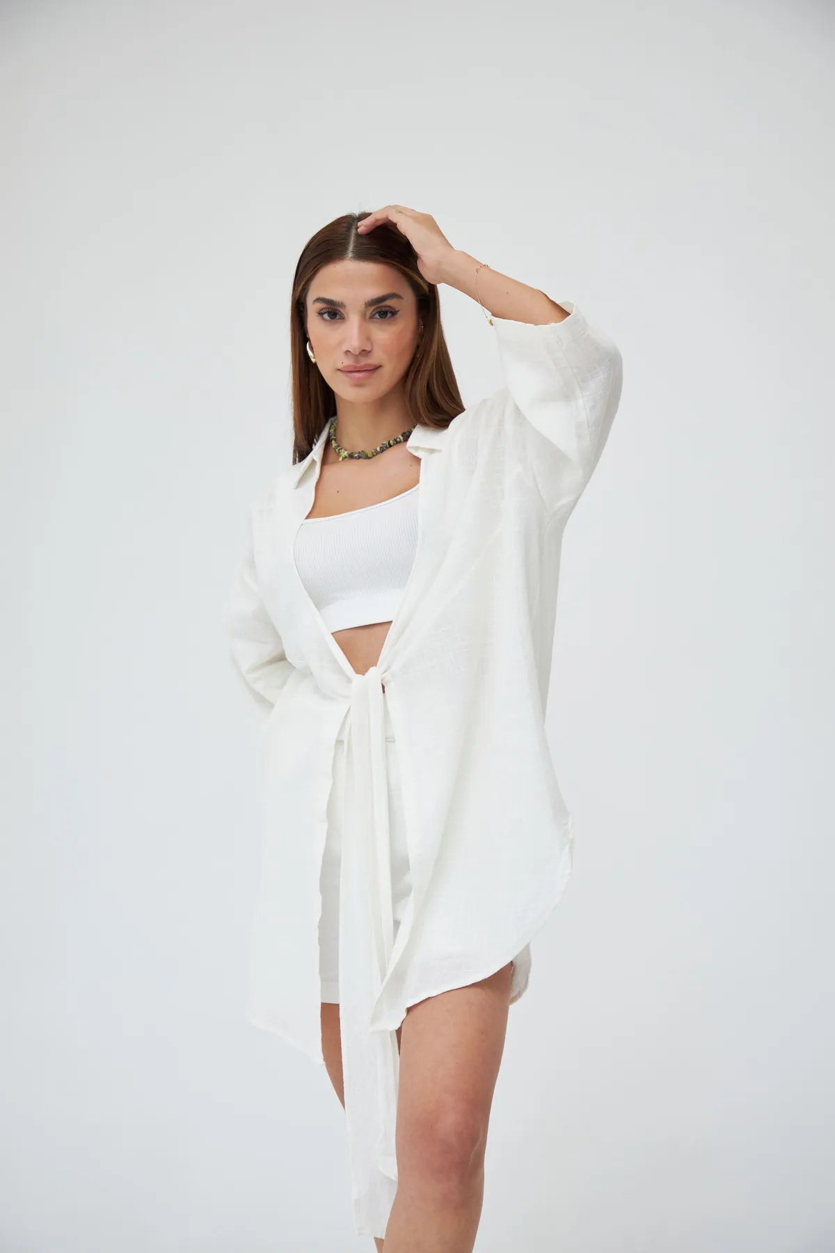 Laluvia  Off White Flam Leinen-Kimono-Hemd