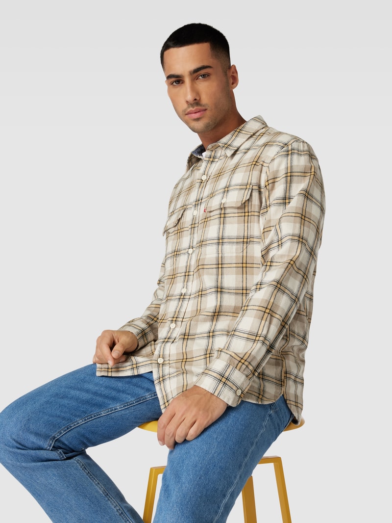 Relaxed Fit Freizeithemd mit Gitterkaro Modell 'CLASSIC WORKER' in hellbraun meliert