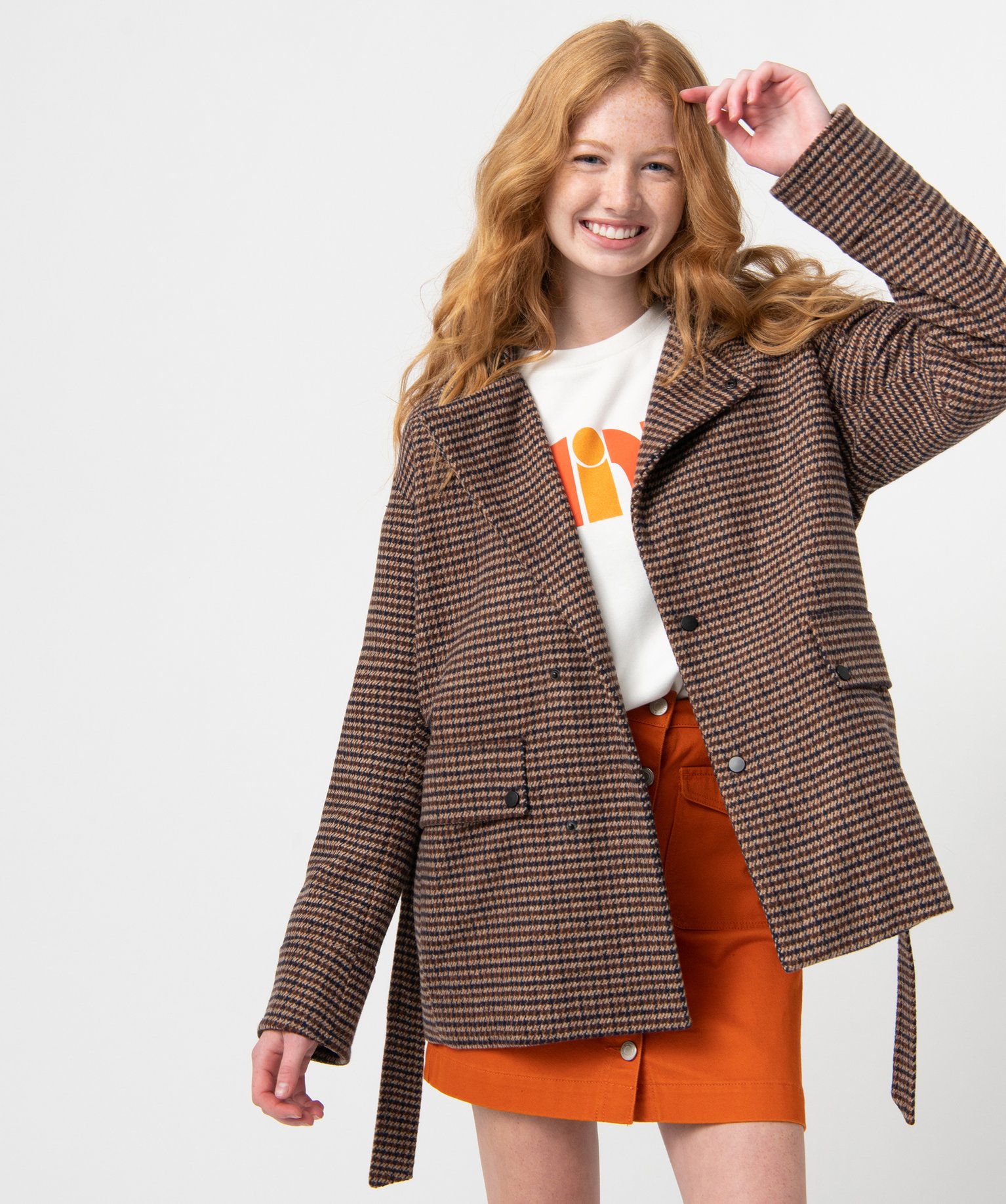 Manteau court femme à motif pied de poule marron clair | GEMO