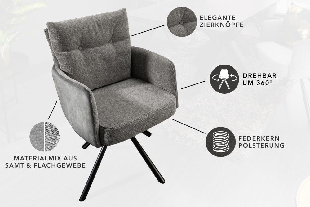 riess-ambiente Polsterstuhl BIG GEORGE grau / schwarz (Einzelartikel, 1 St), Esszimmer · Samt · 360° drehbar · Armlehne · Retro