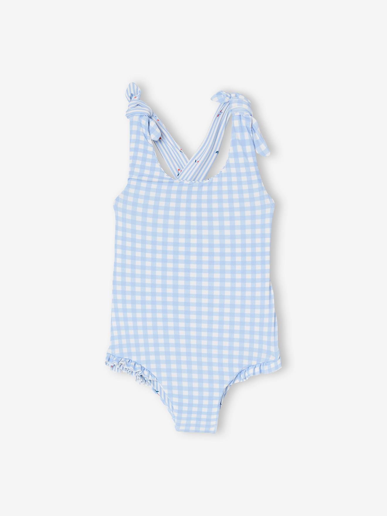 Maillot de bain 1 pièce bébé fille réversible vichy/rayures et fleurs bleu ciel