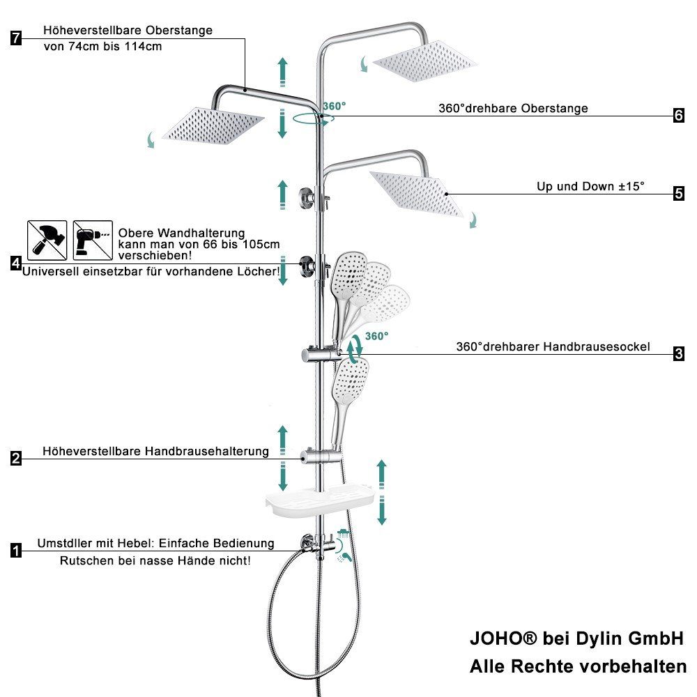 JOHO Duschsystem Duschset schwarz Duschsystem Überkopfbrause Set Regendusche, Höhe 114 cm, 3 Strahlart(en), Kopfbrause 20*20cm, universell einsetzbar für vorhandene Löcher