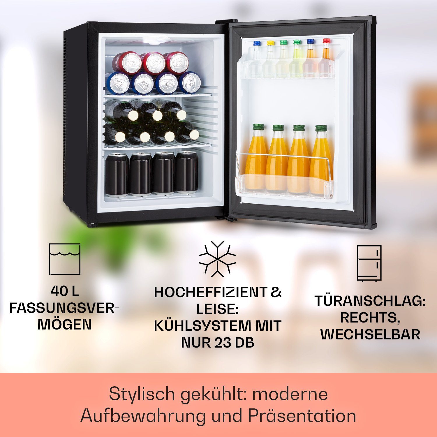 Klarstein Table Top Kühlschrank HEA-HappyHour-42Blk 10035247A, 53.5 cm hoch, 40 cm breit, Hausbar Minikühlschrank ohne Gefrierfach Getränkekühlschrank klein