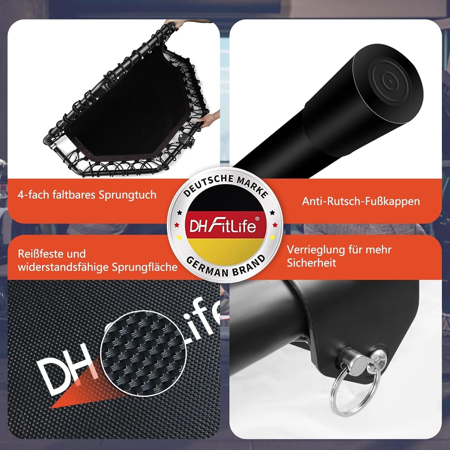DH FitLife Fitnesstrampolin Fitness Trampolin klappbar, Leise Gummiseilfederung ohne Installation, Ø 128 cm, Indoor & Outdoor Jumping, mit 3 verstellbaren Handgriffstufen