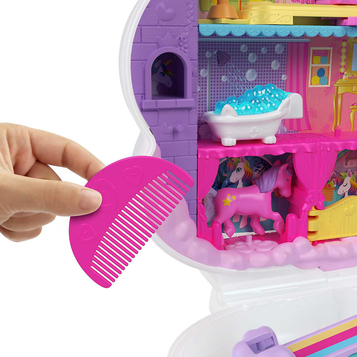 Polly Pocket Mini-Spielzeug, Regenbogen-Einhorn-Salon-Spielset mit 2 Puppen und über 20 Zubehörteilen