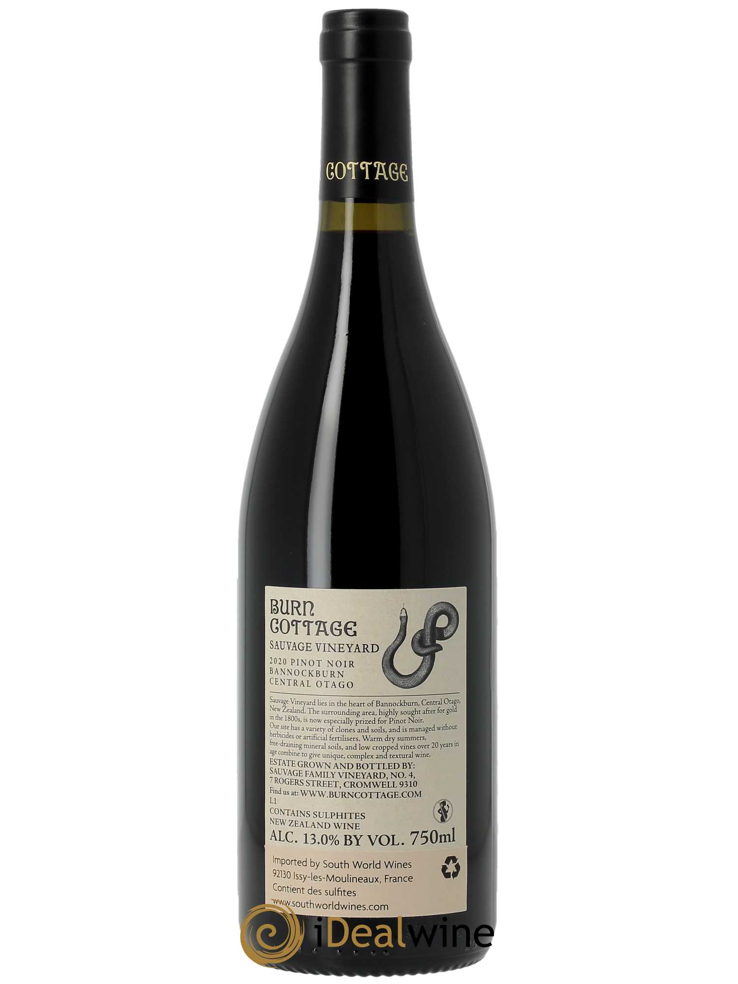 Central Otago Burn Cottage Vineyard Sauvage Vineyard Pinot Noir  2020 - Lot de 1 Bouteille