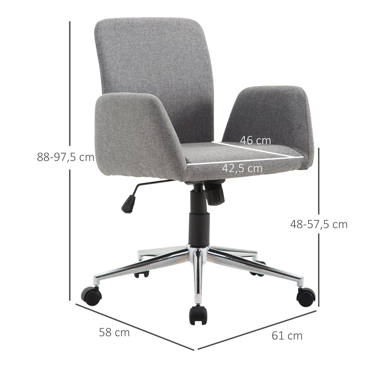 HOMCOM Bürostuhl Drehstuhl Bürosessel mit Rädern Armsessel im Nordischen Stil Schreibtischstuhl Edelstahl Leinenimitat Grau 61 x 58 x 88-97,5 cm
