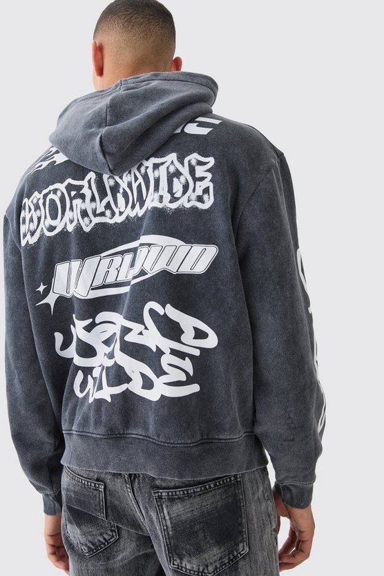 Kastiger Oversize Hoodie mit Acid-Waschung und Print