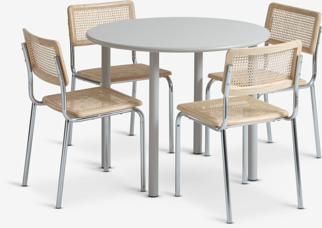 HANSTED HASSING Mesa HANSTED Ø100 cinza quente 4 Cadeira de vime HASSING