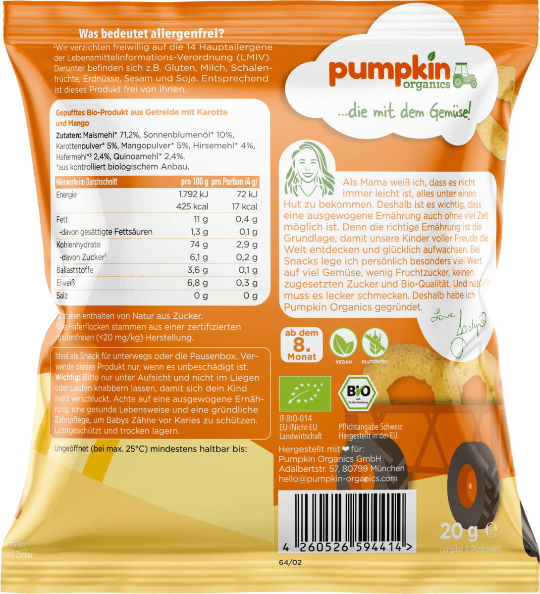 Kindersnack Mehrkorn Ringe mit Karotte & Mango, ab 8. Monaten, 20 g