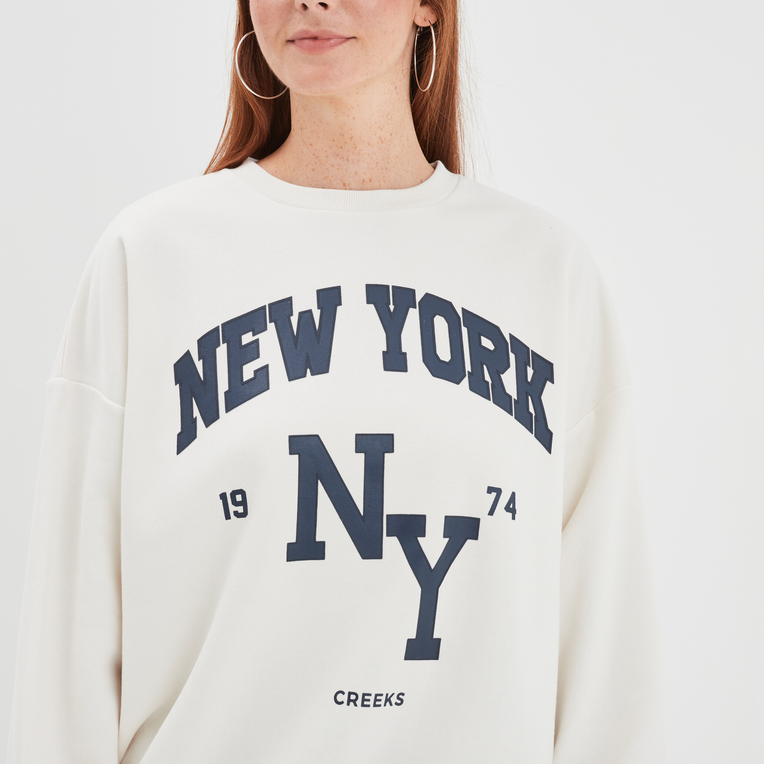 Sweat oversize mi-long col rond Creeks creme femme | La Halle