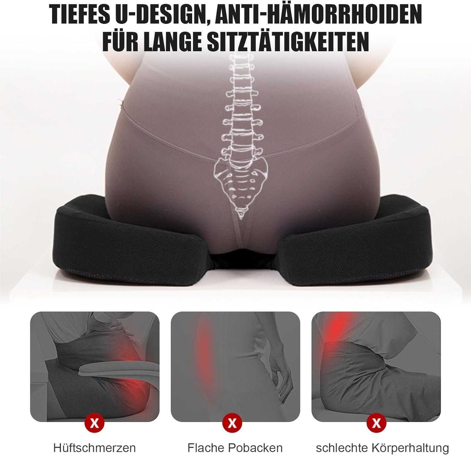 Allyson Stuhlkissen Ergonomisches Sitzkissen für Bürostuhl Memory-Foam Orthopädisch, Memory-Foam, Waschfest, Leicht