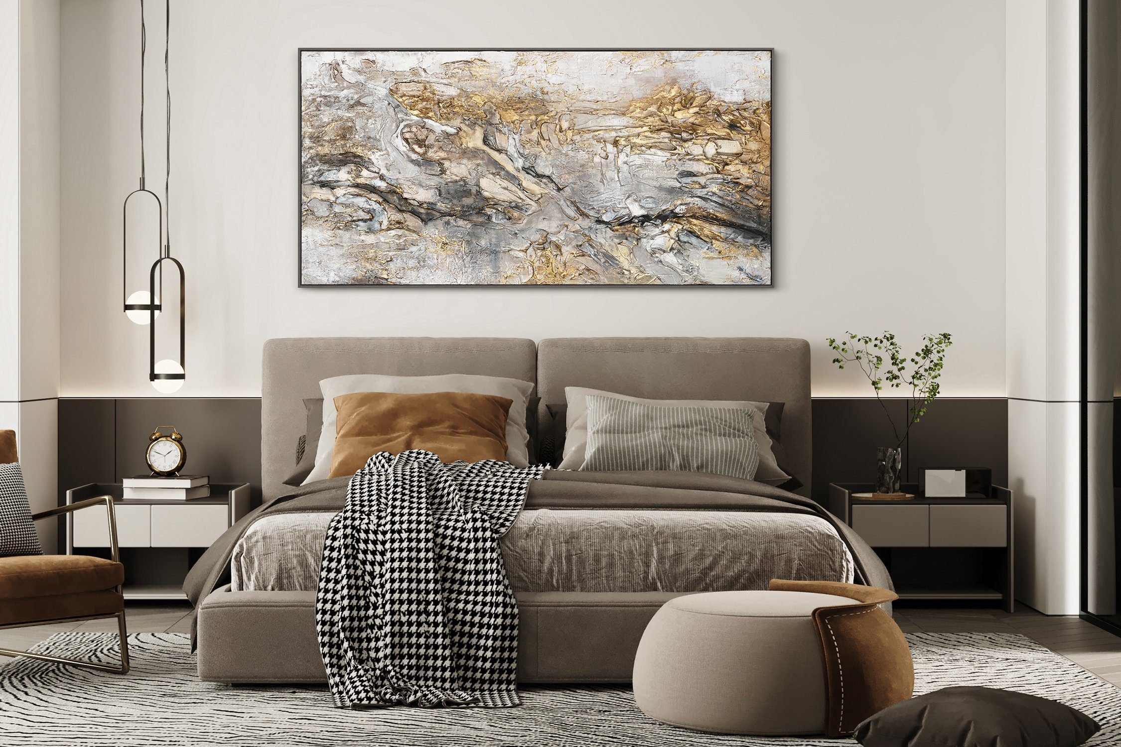YS-Art Gemälde Klassik, Schwarz Weiß Gold auf Leinwand Bild Handgemalt Abstrakt mit Rahmen